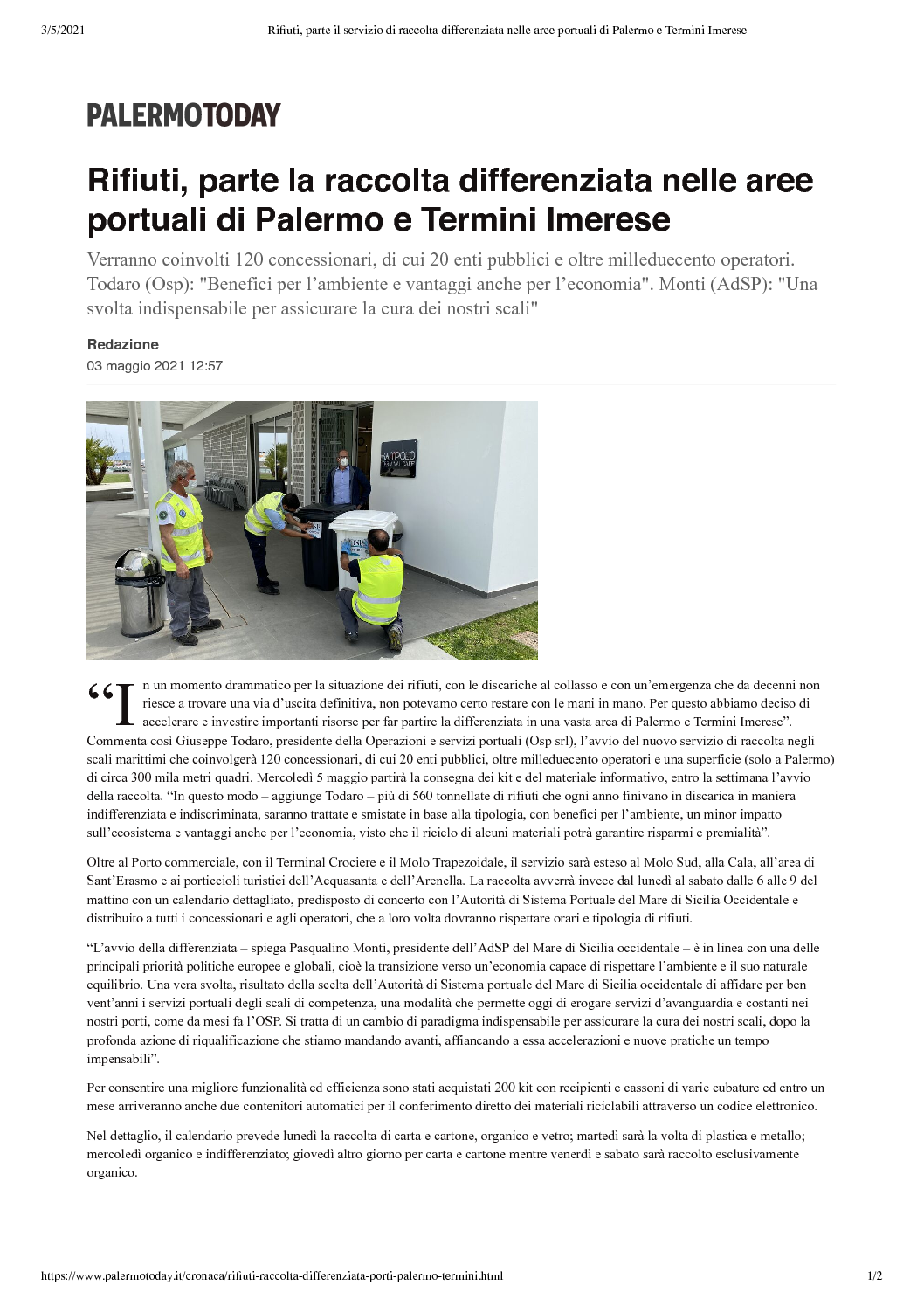 Rifiuti, parte il servizio di raccolta differenziata nelle aree portuali di Palermo e Termini Imerese