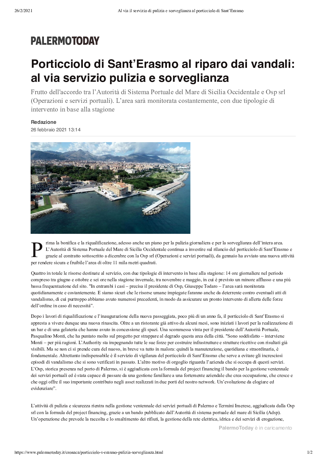 PALERMOTODAY – Al via il servizio di pulizia e sorveglianza al porticciolo di Sant’Erasmo